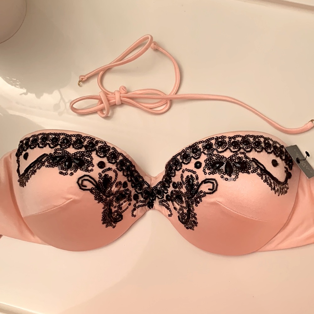 Push-Up Bandeau Swim Top- Blush Pink with Black Jewels 36D